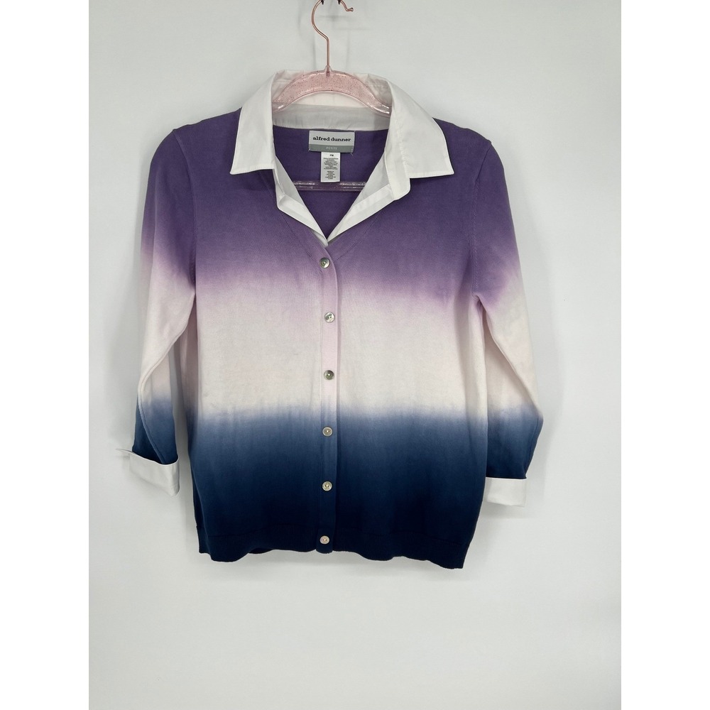 Alfred Dunner Purple Ombre Cardigan Sweater Button Up White Collared Petite PM